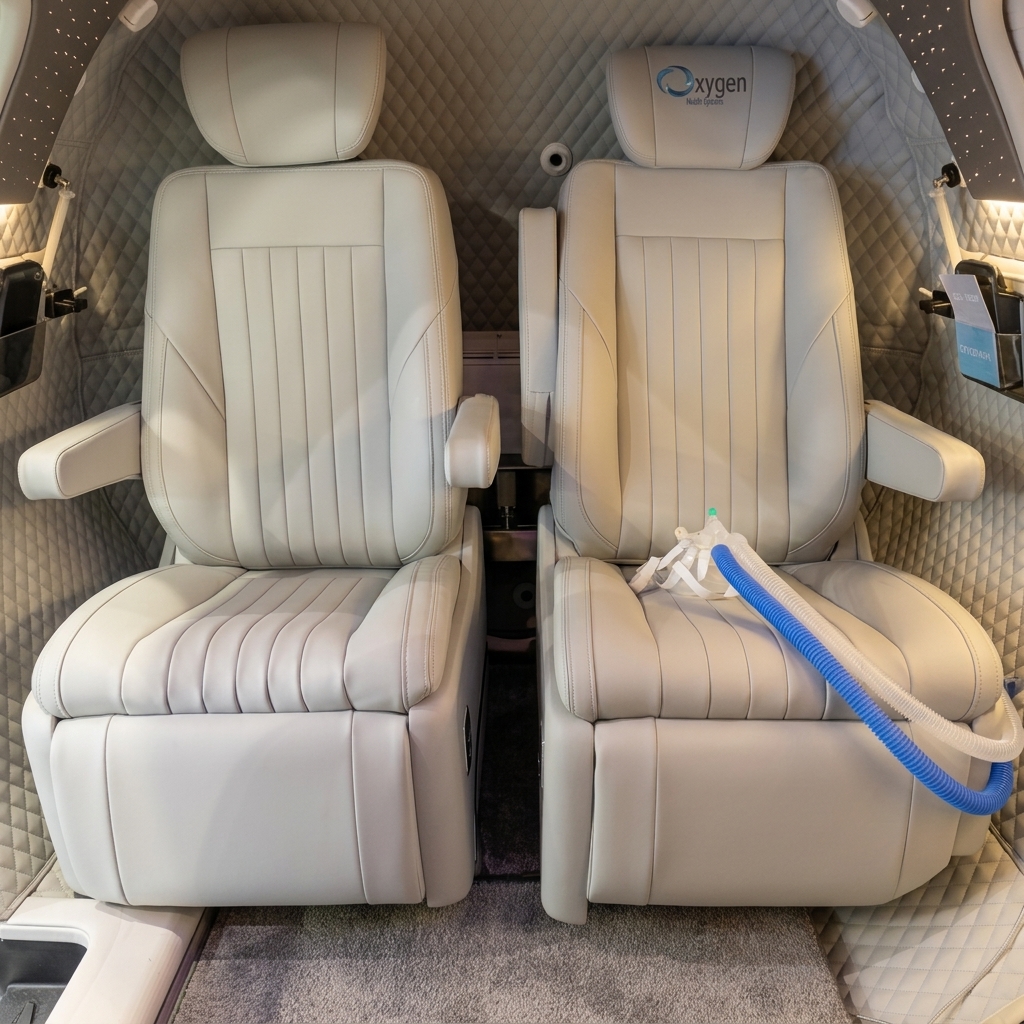 Two cream quilted leather captain's chairs inside the M9000 cabin with diamond-stitched wall lining, an Oxygen Health Systems embroidered headrest, and a blue oxygen mask hose