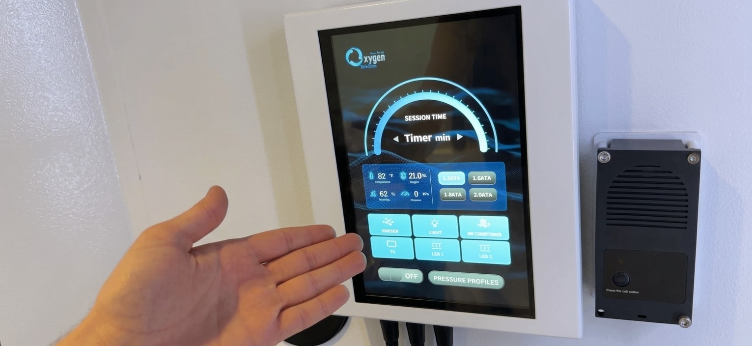 Wall-mounted Oxygen Health Systems touchscreen control panel inside the chamber — showing session timer, real-time temperature, oxygen, humidity and pressure readouts, 1.3–2.0 ATA pressure presets, and chamber controls, with a hand reaching toward it and an intercom call button beside it