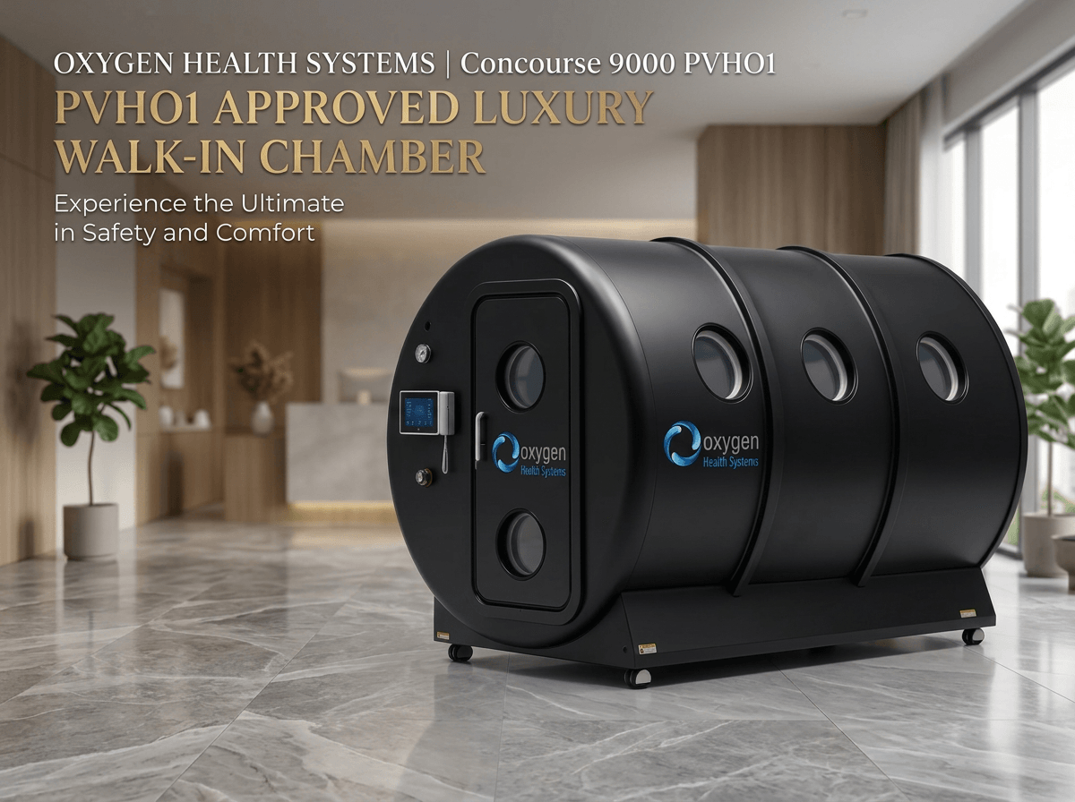 Concourse 9000 PVHO1 matte black hard-shell multiplace hyperbaric oxygen chamber in a marble-floored luxury lobby, with an Oxygen Health Systems Concourse 9000 PVHO1 headline reading PVHO1 Approved Luxury Walk-in Chamber, Experience the Ultimate in Safety and Comfort