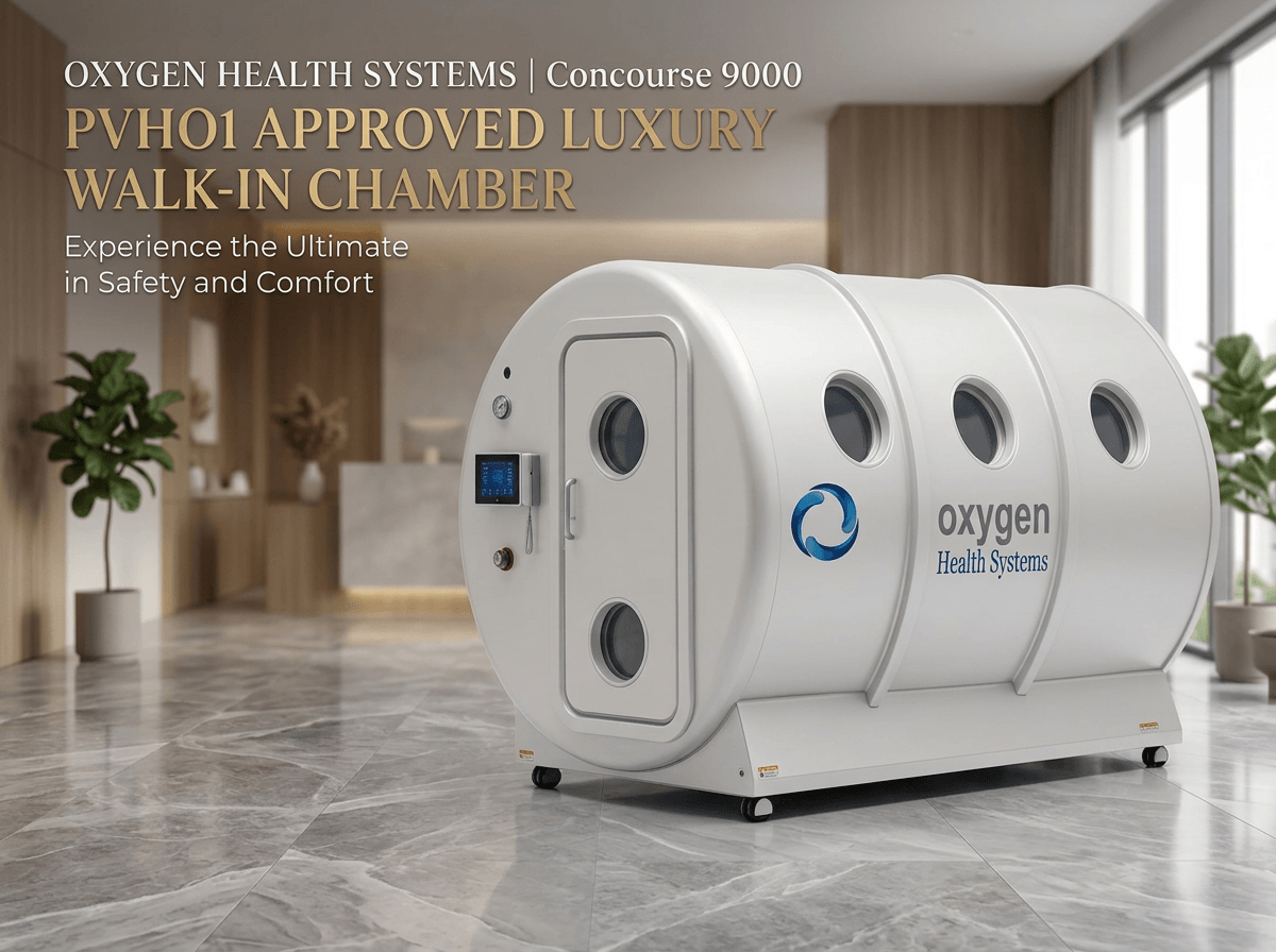 Concourse 9000 hyperbaric oxygen chamber in a glossy pearl white finish, angled in a marble-floored luxury lobby with wood paneling and plants, headlined Oxygen Health Systems Concourse 9000 PVHO1 Approved Luxury Walk-in Chamber, Experience the Ultimate in Safety and Comfort