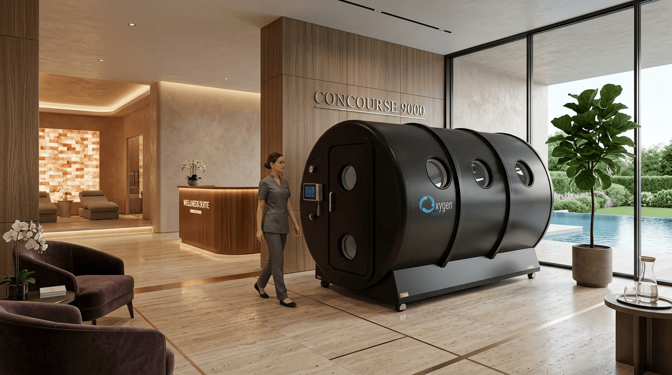 Concourse 9000 matte black hard-shell multiplace hyperbaric oxygen chamber in a luxury spa wellness suite with CONCOURSE 9000 wall signage, a spa attendant walking past, a salt-brick wall, plush lounge seating, and floor-to-ceiling windows overlooking a pool