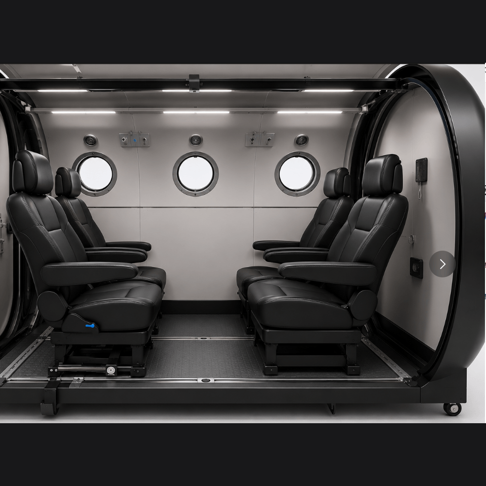 Interior of the Concourse 9000 chamber in a 4-seat configuration — four black leather captain's chairs on a rail-mounted floor track, with metallic silver-gray walls, three round porthole windows, overhead LED light strips, and the open oval hatch door