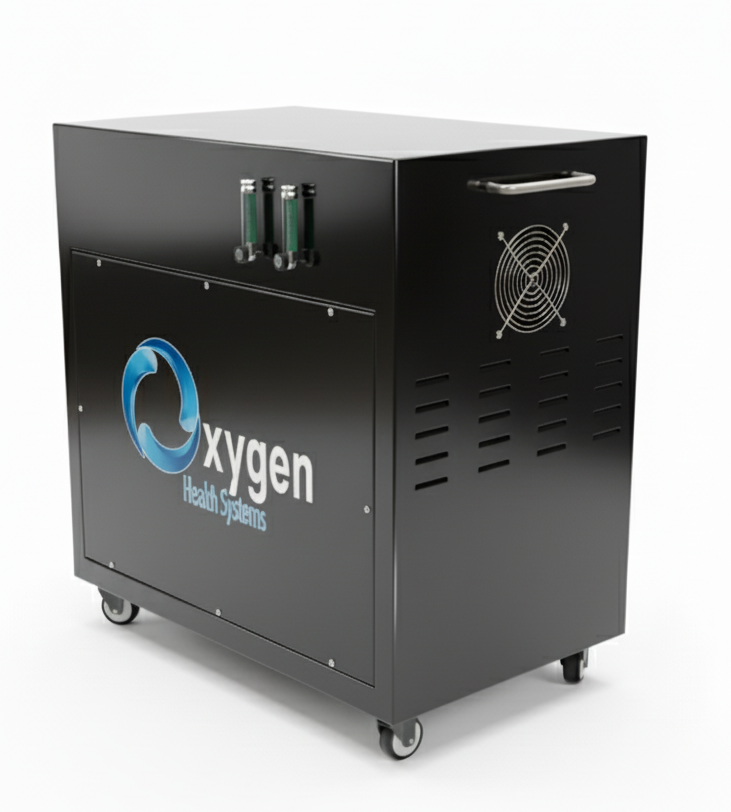 Second 20 LPM oxygen generator — black floor cabinet on casters with dual oxygen fittings, a cooling fan grille, and ventilation panels